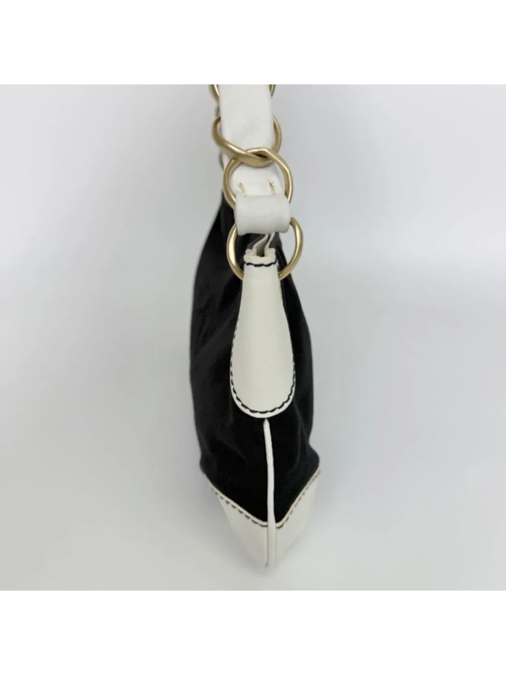 Chanel CC Logo Chain Shoulder Bag Canvas Leather Black White Gold Vintage